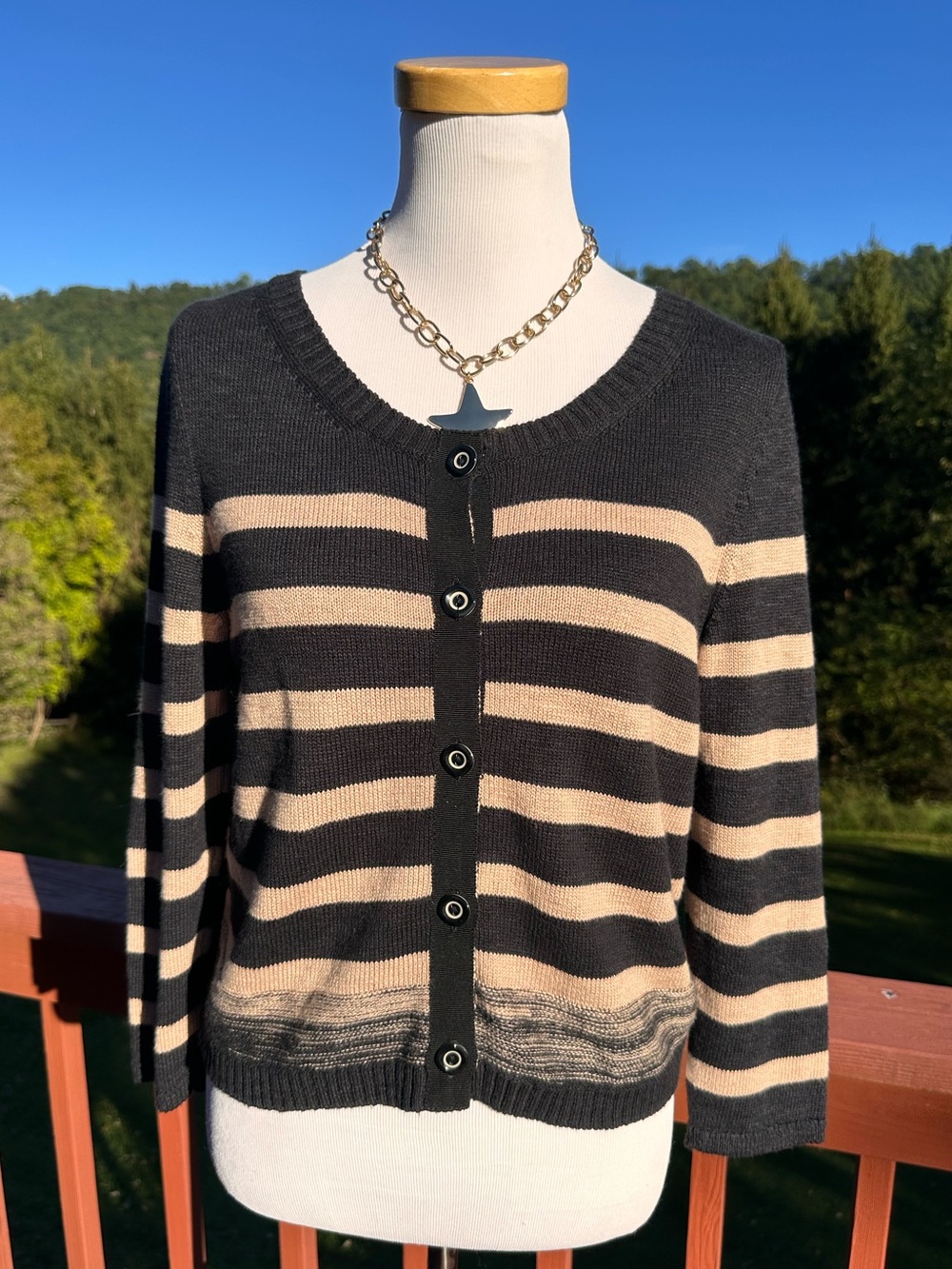 Moth Anthropologie Black and Cream Striped Button-Up Cardigan